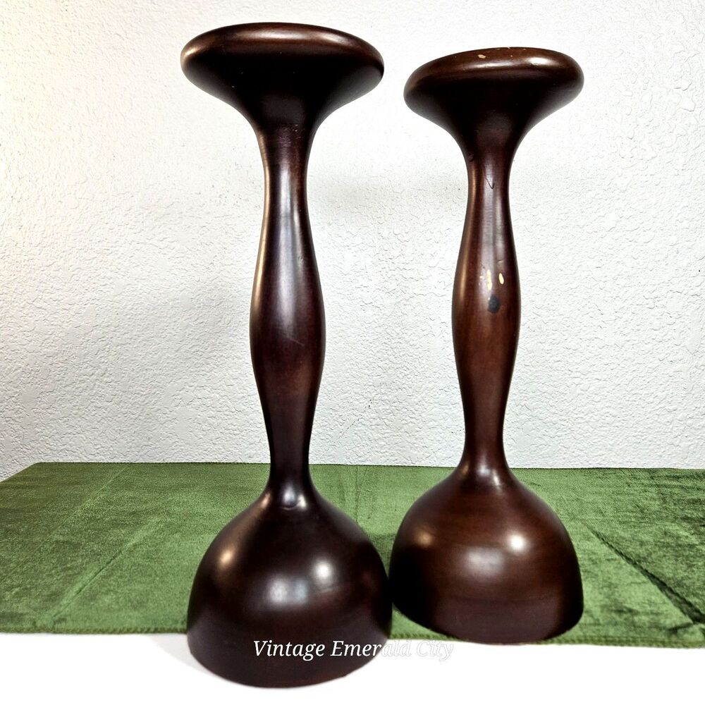 Vtg Tall Candle Holders Turned Dark Wood Set of 2 Felted Base Bohemia Candelabra - Picture 5 of 12